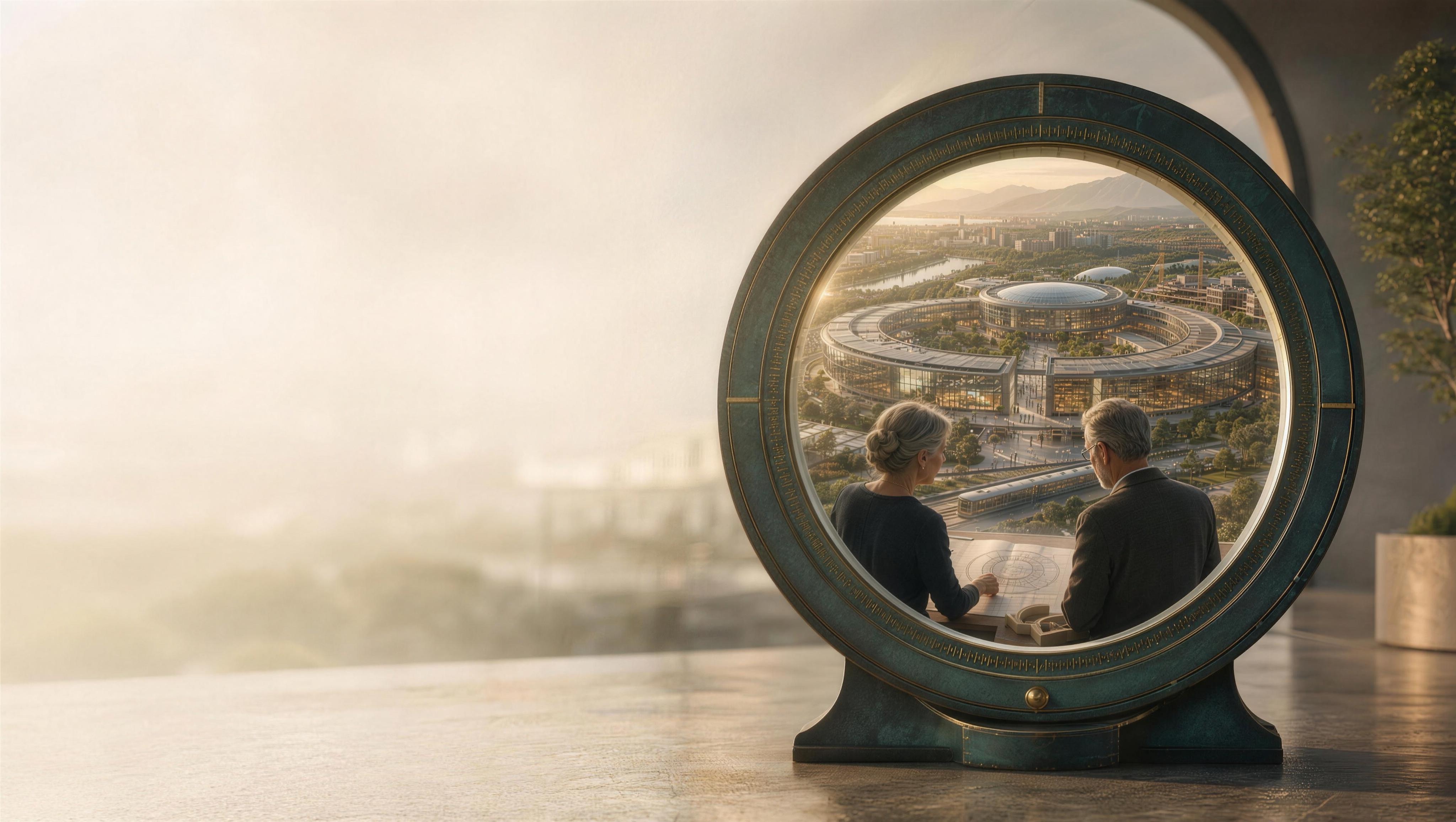 Two people looking through a monumental optical instrument toward a thriving city and civic landscape.